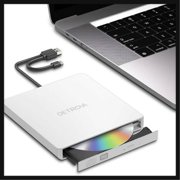 【開封のみ】DETROVA ★外付けDVD/CDドライブ DVDレコ CD/DVD-Rプレイヤー USB3.0&Type-C両用ケーブル Window/Linux/Mac OS(ホワイト)