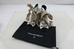 [ sending 900 jpy ] 98 HALMANERA Italy made hand made open tu sandals pumps 35 race up leather very thick heel 