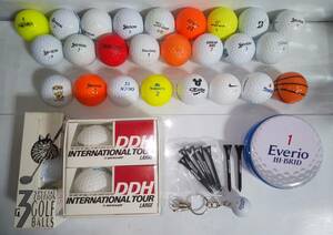 【未開封２箱ゴルフボール32球中古含】ブランド混合 練習用 SRIXON Titleist DUNLOP XXIO ＋DUNLOPティー7本＋Everioキーホルダー&缶ケース