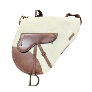  Christian * Dior Christian Dior saddle shoulder beige / Brown canvas / leather shoulder bag unisex used 