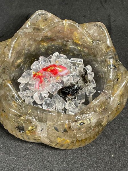 金魚鉢セット 天然石とレジン (ルチル、シトリン)