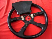 old momo steering wheel irmscher 37.5Φ black leather 1991 モモ 黒革 綺麗 バッド 付属 送料安価に 希少大径 ISUZU イルムシャー_画像9