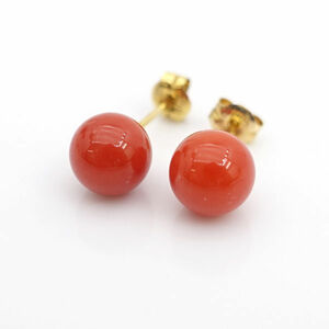 * K18 yellow gold 6.5mm. red .. earrings (0220482855)