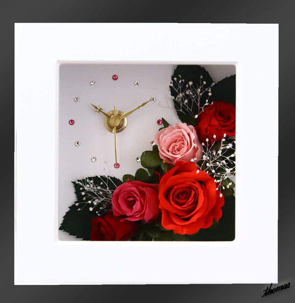 【大切な記念日の贈り物に】 ブリザードフラワー 置時計 ローズ スワロフスキー 高級感 贈り物 プレゼント ホワイトレッド