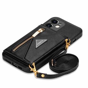 iPhone 12 mini ショルダーケース アイフォン12 ミニ レザーケース iPhone12 mini カバー カード収納 小銭入れ ストラップ付き 肩掛け 黒