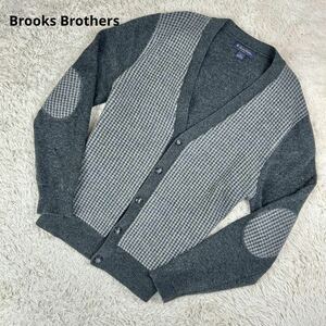 【希少サイズL】 Brooks Brothers 【抜群の存在感】 ブルックスブラザーズ カーディガン メンズ ウール 千鳥格子 エルボーパッチ グレー