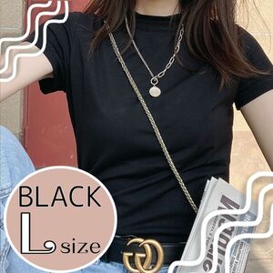 L 黒Tシャツ モックネック 日除け カットソー 半袖 シンプル　黒T 無地　 Tシャツ　トップス