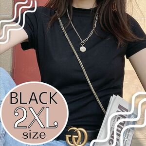 2XL 黒Tシャツ モックネック 日除け カットソー 半袖 シンプル　黒T 無地　トップ　Tシャツ