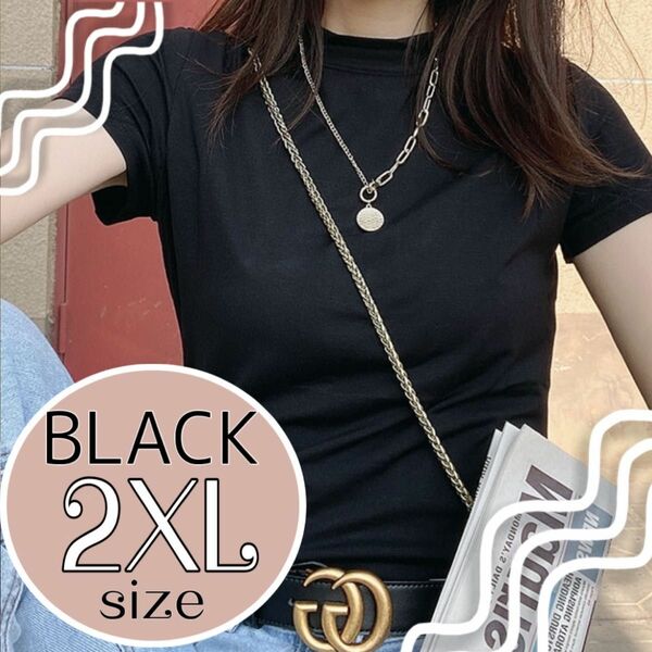 2XL 黒Tシャツ モックネック 日除け カットソー 半袖 シンプル　黒T 無地　トップ　Tシャツ