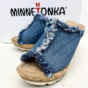 1398◎ MINNETONKA ミネトンカ 靴 サンダル オープントゥ デニム 生地 ウェッジ ヒール ソール ブルー レディース5