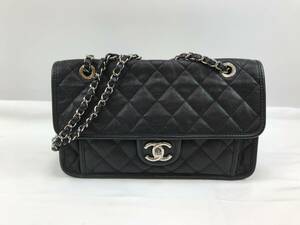 ☆シャネル【 CHANEL】マトラッセ フレンチリビエラ ショルダーバッグ キャビアスキン ブラックシルバー金具 Wチェーン　♯200637-154