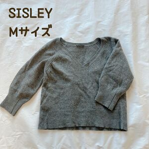 Mサイズ　SISLEY レディース　七分丈ニット　レディースニット　セーター ニット ライトグレー ウール