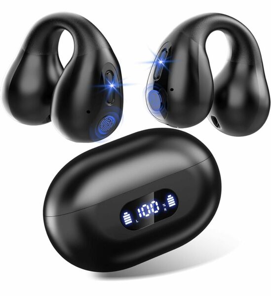ワイヤレスイヤホン 耳挟み 骨伝導 2024新モデル イヤーカフ Bluetooth オープンイヤー ハンズフリー 急速充電 黒
