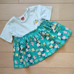 コミカルキッズ　女の子　70★半袖チュニック★グリーン チューリップ花柄 ベビー夏服トップス