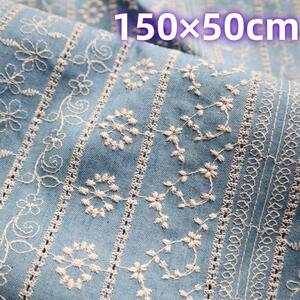 S10 デニム調　刺繍生地 コットン100％ 薄手 布 刺しゅう150㎝×50㎝