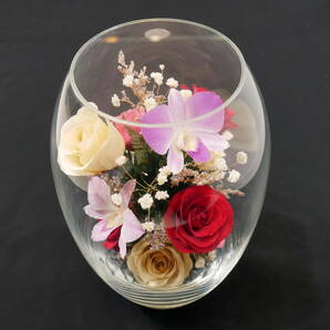 ▲(R603-H44) BOHEMIA ボヘミアガラス プリザーブドフラワー 薔薇 バラ ボトルフラワーの画像2
