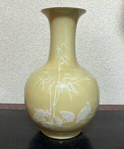 中国古玩　黄色竹林鶉図　景徳鎮花瓶