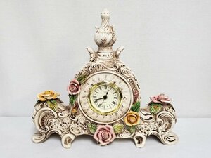 ▽アナログ置時計 幅43cm 花 フラワー インテリア 陶器 アンティーク風 中古▽010961