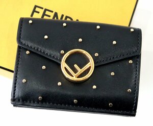 定価6.5万円ほど 美品 フェンディ エフィズ スタッズ Wホック 財布 レザー 3つ折り ブラック ゴールド金具 581