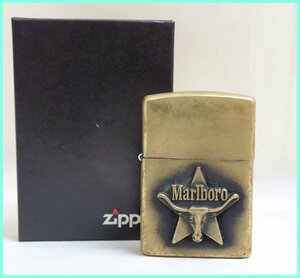 ★1円 Zippo/ジッポー Marlboro/マルボロ ロングホーン オイルライター/アンティークゴールド/1997年製/外箱付き&1844600112