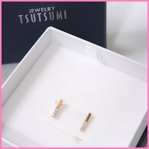 ★美品 TSUTSUMI/ツツミ K10×ダイヤモンド バーピアス/イエローゴールド/アクセサリー/外箱等付属&1201700313