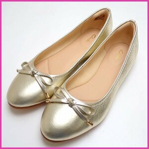 ★未使用 Clarks/クラークス フラットパンプス 24.5cm/ゴールド/レザー/リボン/ローヒール約1cm/シューズ/婦人靴&1969900004