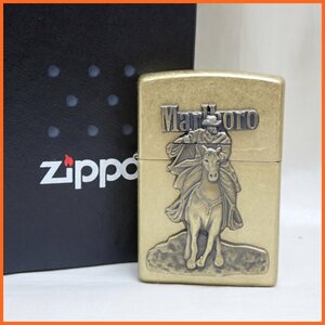 ★1円 未着火品 Zippo/ジッポー Marlboro/マルボロ カウボーイ オイルライター/アンティークゴールド/2010年製/箱・しおり付き&1844600096