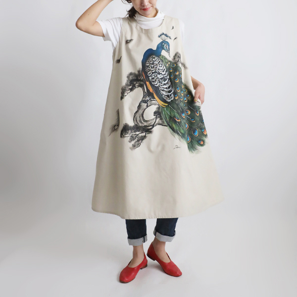 नई हाथ से पेंट की गई एआरटी जापानी पेंटिंग मोर चित्रण शुभ पेंटिंग ड्रेस ढीला जम्पर स्कर्ट U34A, एक टुकड़ा, लंबी लहंगा, एल आकार