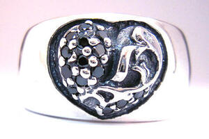 *** silver 925 Heart ring with pave black diamond 23 number * Heart in band ring new goods unused Heart ring 