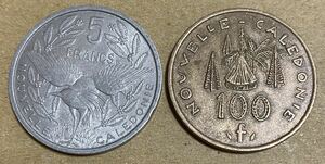 送料無料　ニューカレドニア　フランス領　100フラン　5フラン　2枚セット　外国コイン