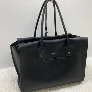 1円 【良品】 FURLA フルラ トートバッグ A4収納 メンズ レディース ブラック レザー 肩掛け ビジネス ロゴ金具 通勤 仕事鞄 多収納 黒