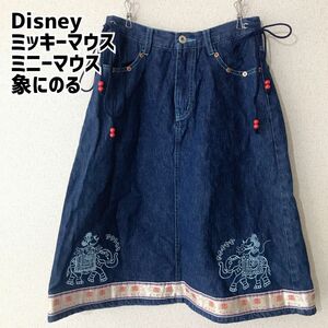 Disney ミッキーマウス ミニー 刺繍 エスニック デニムスカート 膝丈