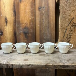 5個セット 縦リブ陶器 珈琲 コーヒー 白磁 アンティーク マグカップ カップ ビンテージ シンプル カフェ雑貨 ティーカップ 薄造り 蔵出し 