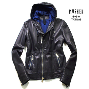 [定価11万] タトラス 伊 マーシャー MUSHER 羊革 ラムレザー フーディ ライダースジャケット 黒 ブラック メンズ XS-S 細身 スリム