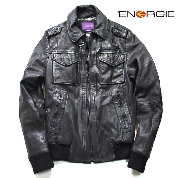 [定価8万] エナジー ENEGIE 牛革 レザー ミリタリージャケット 黒 ブラック S メンズM-L 程 diesel デニム