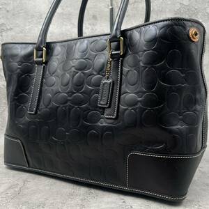 極美品 大容量●COACH コーチ シグネチャー トートバッグ ハンドバッグ ショルダー ビジネス A4 肩掛け メンズ 本革 レザー ブラック 黒 