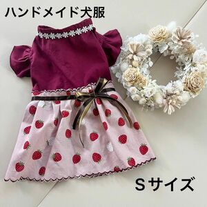 ハンドメイド　犬服　Sサイズ 限定1着　いちご柄×茶リボン