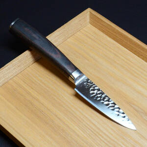 (新品) ペティナイフ 85mm 鞘付き 槌目ステンレス 鏡面仕上げ 天然パッカーウッド 料理包丁 洋包丁