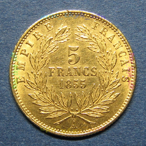 フランス ナポレオン3世 5フラン金貨 1855Aの画像2