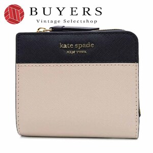 Используется Kate Spade Bi -Fold Wallet WLRU5430 Кожаная теплое бежевое черное компактное кошелек женщин.