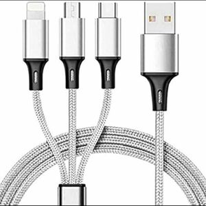 3in1 充電ケーブル 同時給電可 iPhone android type-c タイプC シルバー USB 充電ケーブル 