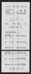 東武鉄道　リバティけごん号特急券(税8％) 赤線入最下段　2017年　東武動物公園駅