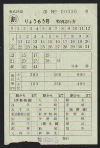 東武鉄道　りょうもう号特急券○割(満席時発売)　2003年　加須駅