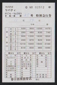 東武鉄道　リバティ号特急券　赤城あり　2020年　春日部乗務管区