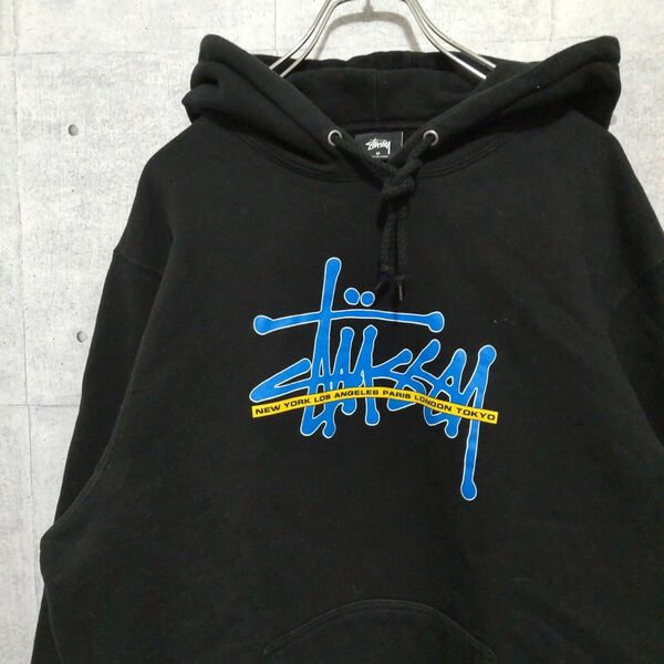 STUSSY ステューシー パーカー ブラック M センターロゴ ワールドツアー