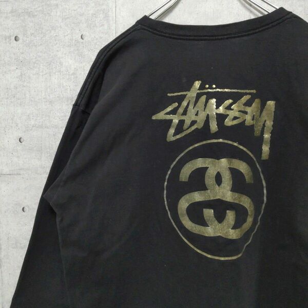 STUSSY ステューシー 長袖Tシャ ブラック L 紺タグ ゴールドフォント