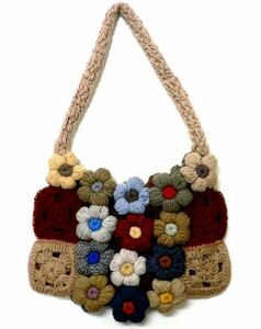  exhibition goods unused * hand-knitted mo Como ko floral print wool shoulder .. shoulder bag made in thailand/1 point only 