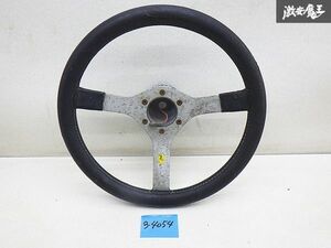 社外 メーカー不明 ステアリング ハンドル ホイール 黒レザー調 白ステッチ 直径 約35cm 穴対角 約7cm 車種不明ボス付 訳有品 棚21-4