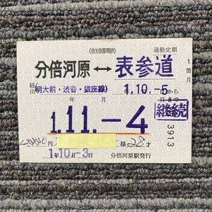 京王帝都電鉄／分倍河原-表参道　明大前・渋谷・銀座線経由　通勤定期券1箇月　分倍河原駅　平成元年発行　　