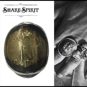 ★名作★ SHARE SPIRIT シェアースピリット シルバー 925 真鍮 アンテーク ヴィンテージ ロゴ クラウン コイン リング 指輪 10号 Archive の画像1
